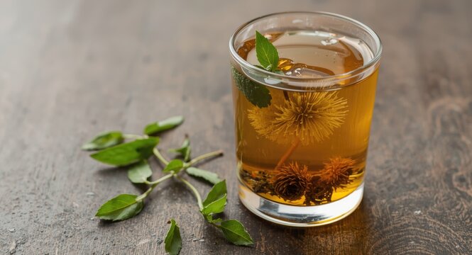 A glass cup of herbal tea infused with dandelion roots and fresh leaves