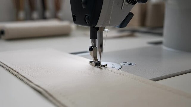 Sewing machine in action close up sewing a plain fabric item