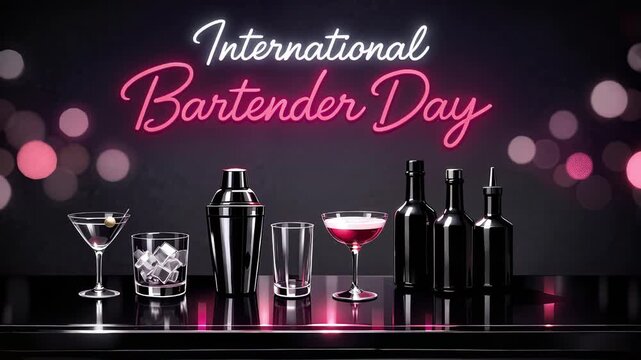 International Bartender Day celebration with cocktails. Set of bar tools and glass with neon sign text for holiday greeting. Professional mixology theme design.