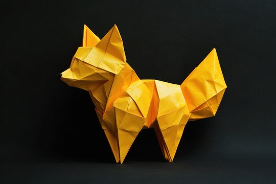 yellow origami fox paper sculpture on black background showing playful, proud stance