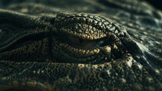 Close-up of a reptile's scaly eye with sharp teeth and textured skin in a dark, moody lighting with a cinematic feel.