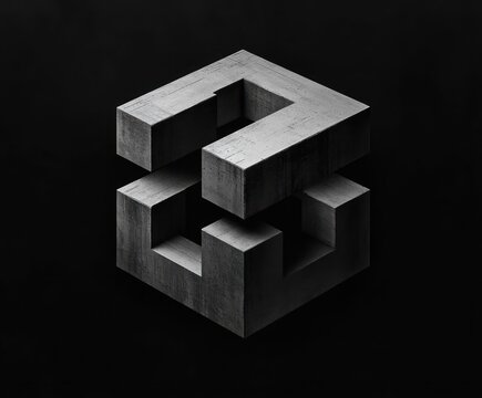 A textured gray impossible cube floating against a black background, creating an enigmatic gravity defying geometric optical illusion