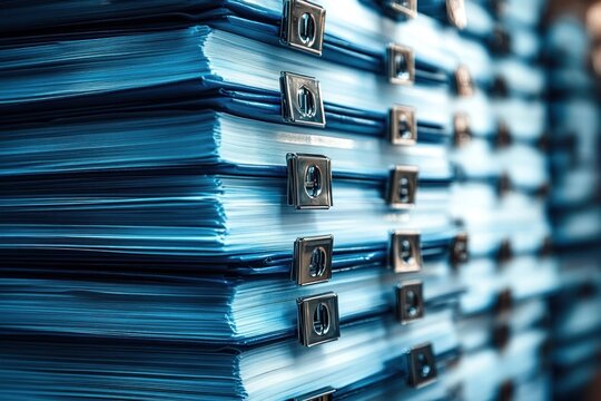 Close-up of neatly stacked blue file folders with metal label holders conveying order, efficiency and an organized workplace