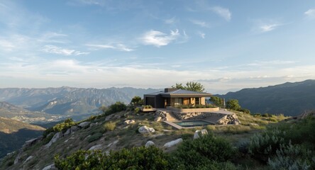 Fototapeta premium Contemporary mountain villa with expansive sky scenery