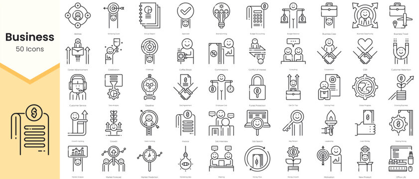 Simple Outline Set of Business Icons. Thin Line Collection contains such Icons as abilities, achieving goals, annual report, approved, brainstorming and more