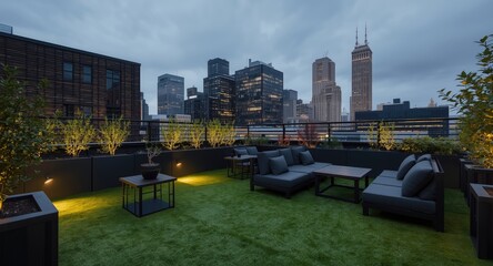 Fototapeta premium Apartment rooftop balcony with rich green artificial grass and contemporary black outdoor seating
