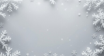 Elegant winter holiday design with a snowflake border around a soft gray background viewed from above, copy space included