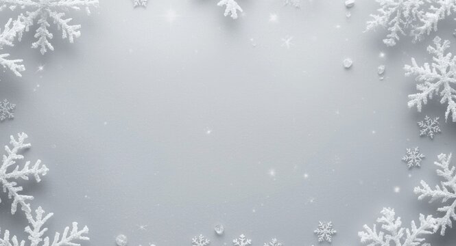 Elegant winter holiday design with a snowflake border around a soft gray background viewed from above, copy space included