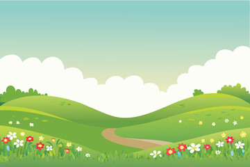 Fototapeta premium Cartoon Rolling Green Hills with Flowers and Path Under Cloudy Sky