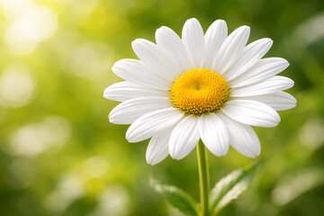 Fototapeta premium White daisy flower with bright yellow center in soft sunlight, natural background, fresh spring bloom, close-up macro photography