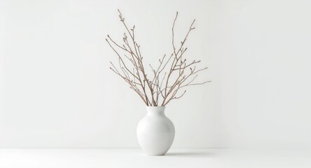 Chic white vase with a twig arrangement on a muted white background