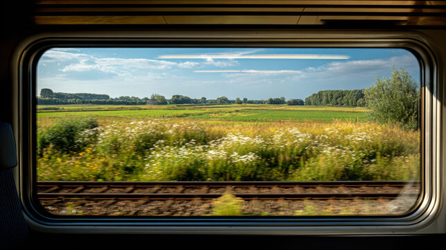 View of countryside from train window during sunny day in summer with green fields and trees nearby while traveling through the landscape
