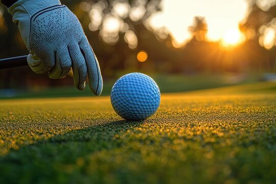 Gloved hand positioning a golf ball on a sunlit putting green at sunset, conveying calm focus and anticipation