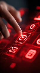 Obraz premium Finger touches glowing red icons on a digital screen in a dark room during evening hours