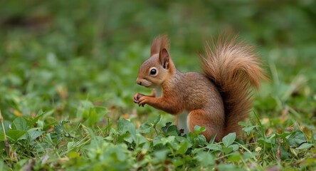 Obraz premium Charming red squirrel's antics in a verdant woodland background