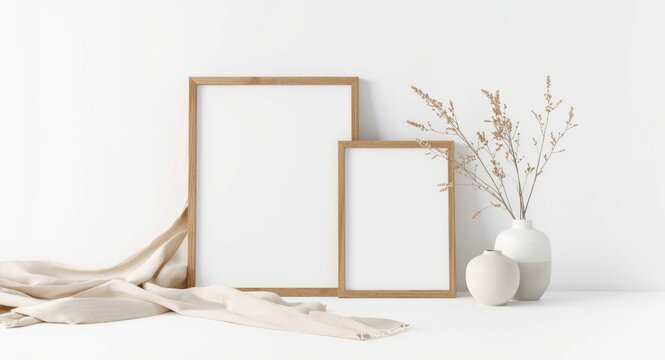 Creative display of empty wood frames alongside linen and modern ceramic vases on bright white surface