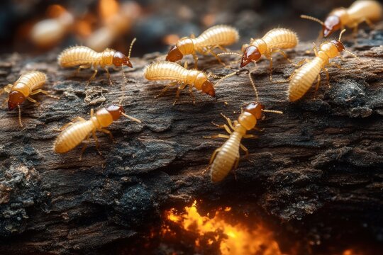close-up of pale termites crawling on decaying wood above a glowing orange ember, textured bark and an unnerving sense of infestation