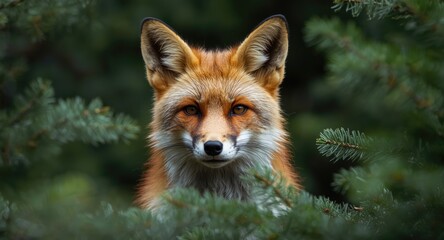 Fototapeta premium Detailed portrait of a red fox looking directly surrounded by pines