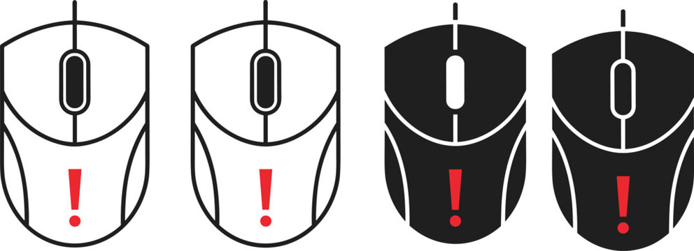 Set of black and white computer mouse icons with red exclamation marks, representing hardware connection errors, software issues, tech support, or computer system malfunction alerts.