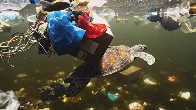 Turtle swimming in polluted ocean water.