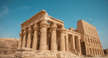 Fototapeta premium Ancient Egyptian temple ruins with detailed hieroglyphics under clear sky