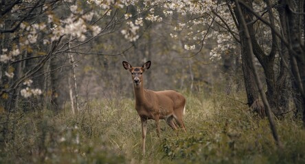 Alert wild deer in the middle of blossoming forest during spring