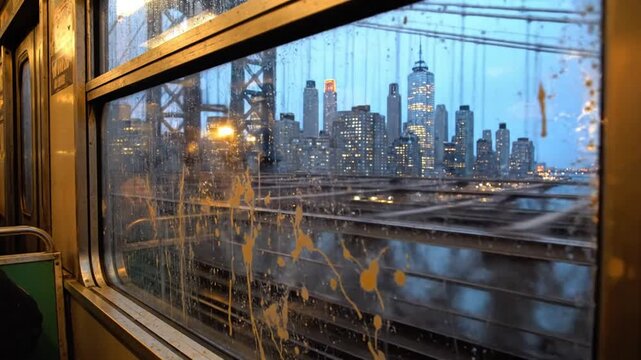 Rainy cityscape view from a subway car window, showcasing the illuminated New York City skyline and bridge