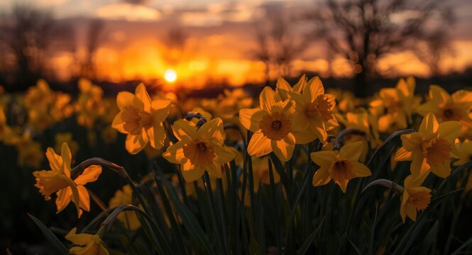 Daffodils glowing vividly amid vibrant sunset flowers