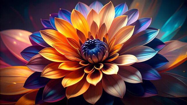 Vibrant abstract digital dahlia flower with colorful glowing petals in orange blue and purple hues