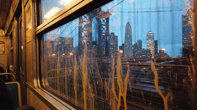 Rainy View of New York City Skyline from a Train Window on a Bridge at Dusk