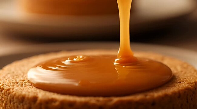 Delicious caramel sauce cascading over a sponge cake creating a delightful dessert