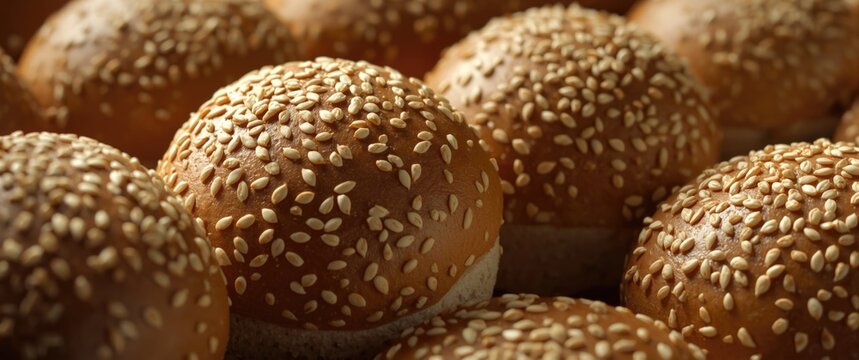 Close up photo of sesame seed topped sandwich buns stack