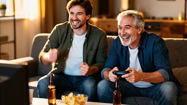 Young man and older man playing video game on console. Friends cheering and having fun while sitting on couch in living room. Leisure hobby entertainment concept.