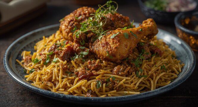 Delightful Hyderabadi chicken biryani with garnishing of fresh herbs