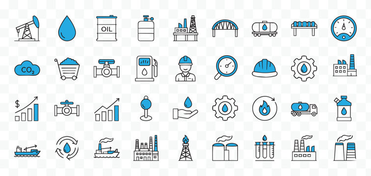 Oil, Gas and Energy Industry Icons Set. Modern Petroleum, Fuel, and Power Production Outline Vector Collection with Blue Accents.
