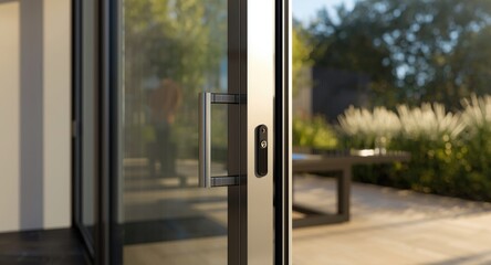 Detailed close up of aluminum sliding door system in outdoor patio setting
