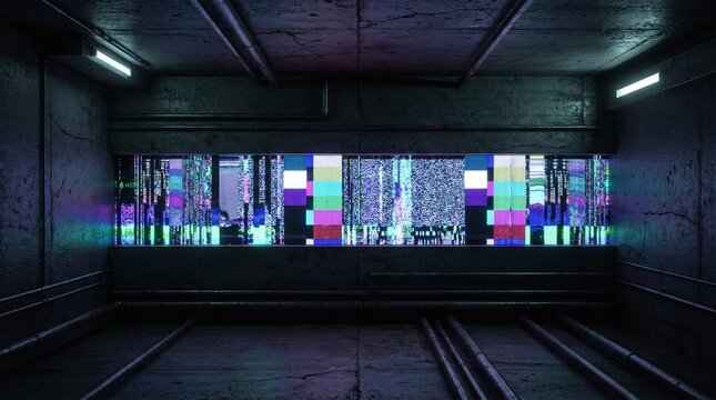 &Eacute;cran glitch&eacute; affichant des barres de couleur et du bruit statique dans un couloir industriel sombre et futuriste.