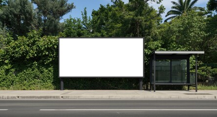 Fototapeta premium Empty billboard mockup beside roadside bus stop with lush greenery