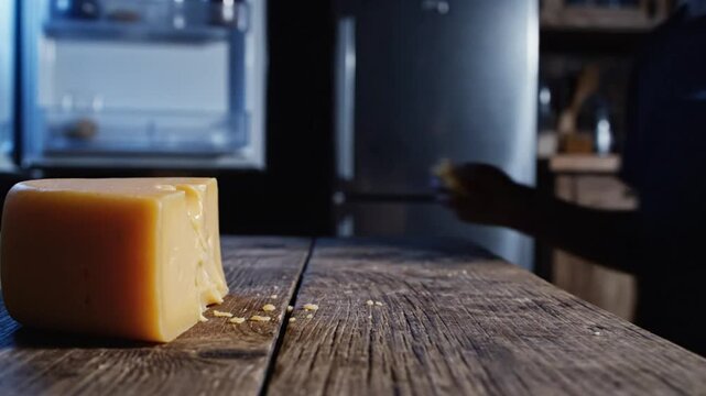 Hand reaches for and takes a bite of cheddar cheese on rustic wooden surface in kitchen setting
