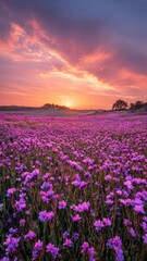 Obraz premium Purple Flowers Field at Sunset