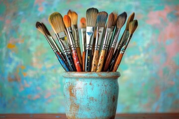 Fototapeta premium A collection of paintbrushes in a chipped turquoise jar, set against a colorful studio backdrop, conveying creative energy and rustic charm.
