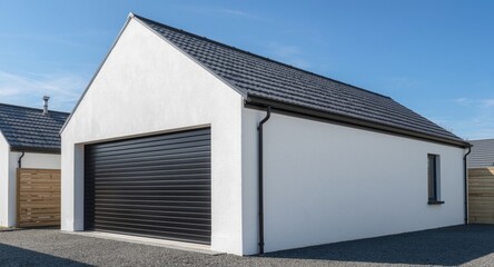 White double garage with distinctive pitched roof and black retractable metal door