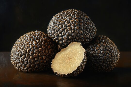 group of dark textured truffles on a dark surface with one cut open revealing pale marbled interior, evoking earthy gourmet luxury