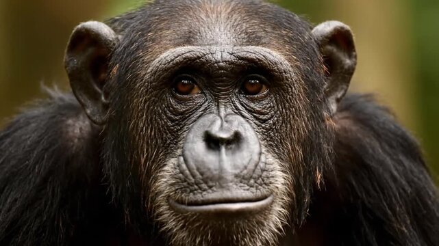 Close-up portrait of a chimpanzee looking directly at the camera with a shallow depth of field, conveying a serious mood against a blurred green and brown background.