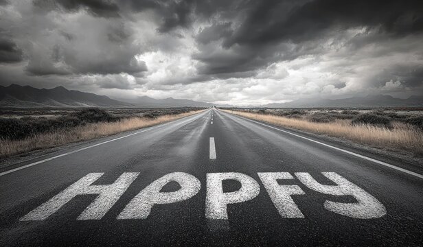 long empty straight road with the word happy painted on asphalt, dramatic storm clouds, distant mountains and dry golden roadside grass, moody yet hopeful atmosphere