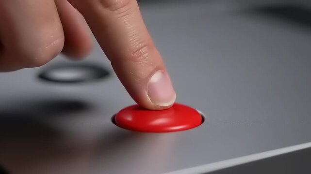 Close up of a finger pressing a red button on a control panel.
