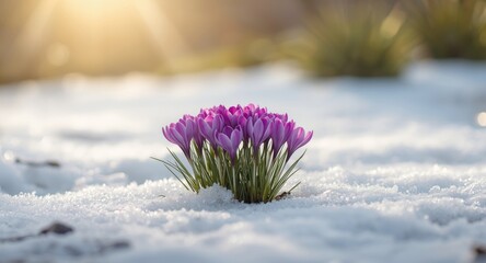 Fototapeta premium Bright purple crocuses growing through melting snow signifying hope and spring emergence in a peaceful, fairy tale environment