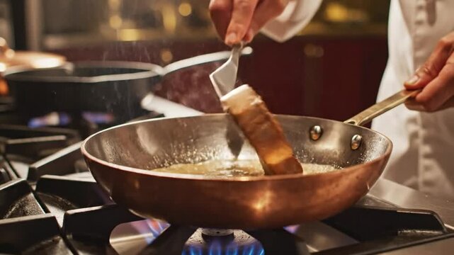 Chef skillfully flips seared meat fillet in copper pan on gas stove with steam rising during cooking process