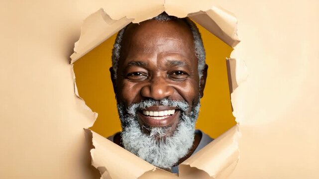 Happy elderly black man with gray beard smiling through a ripped paper hole against a yellow backdrop