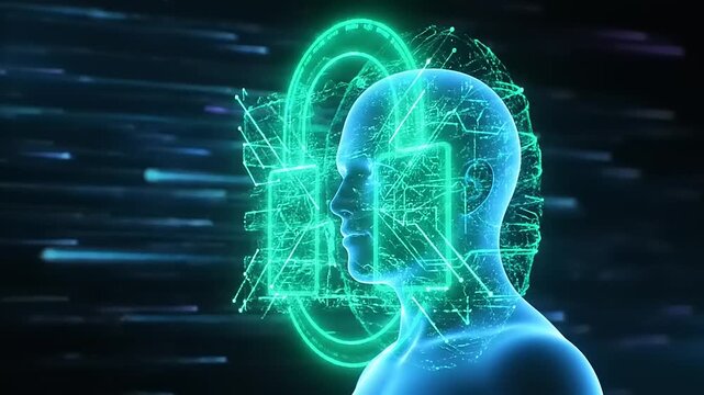 Digital Human Head with Futuristic Lock Symbol and Data Streams.